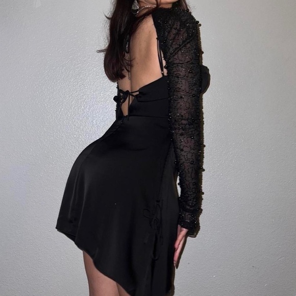 Oh Polly Geneva Mini Dress – Black Satin Beaded Sleeves, Size 2 (A/B Cup) - Picture 3 of 4